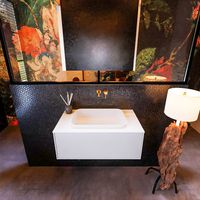 Badkamermeubelset Mondiaz Erin 80 cm met 1 Lade met RIDGE Wastafel Midden Talc Zonder Kraangaten Greeploos Mat Cale