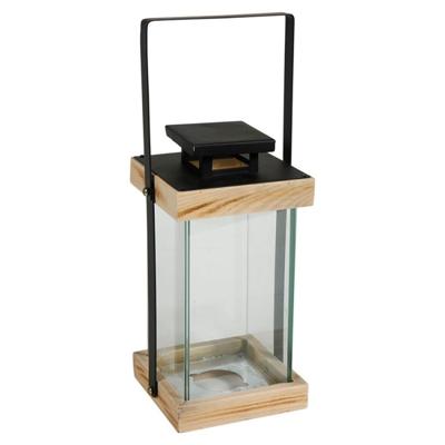 Lantaarn/windlicht - zwart - hout - metaal - verlichting - H24,5 cm