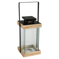 Lantaarn/windlicht - zwart - hout - metaal - verlichting - H24,5 cm