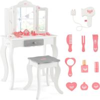 2-In-1 Kinder Kaptafel met Kruk Kaptafel Prinses met Afneembare 3-Voudig Inklapbare Spiegel Lade en 10 Accessoires Make-Upcommode