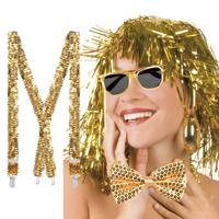 Verkleedset Disco - bretels/bril/strikje en folie pruik - goud - seventies/80's Verkleedset Disco - bretels/bril/strikje en folie pruik - goud - seventies/80's