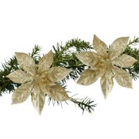 Kerstboom bloemen op clip - 2x stuks - goud - 15 cm - polystyreen - kerstornamenten - thumbnail