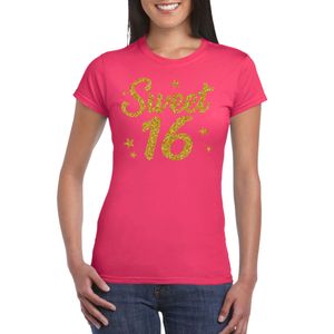 Sweet 16 goud glitter verjaardag cadeau t-shirt roze dames