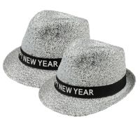 2x stuks happy New Year thema glitters verkleed hoedje zilver - thumbnail