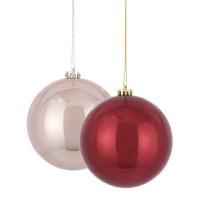 Kerstversieringen set van 2x grote kunststof kerstballen roze en rood 15 cm glans - Kerstbal - thumbnail