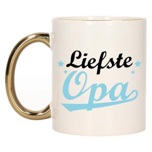 Cadeau koffie/thee mok voor opa - blauw met gouden oor - de liefste - keramiek - 300 ml