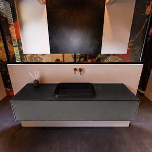 Badkamermeubelset Mondiaz Erin 150 cm met 1 Lade met RIDGE Wastafel Midden Urban Zonder Kraangaten Greeploos Mat Dark Grey