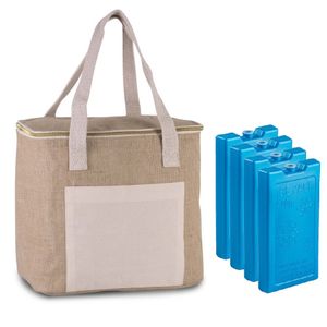 Grote koeltas jute/canvas 12 liter en 28 x 25 x 17 cm met 4x stuks koelelementen blauw