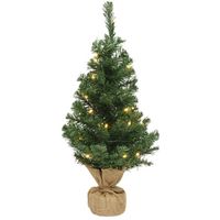 Volle mini kerstbomen groen in jute zak met verlichting 60 cm - thumbnail