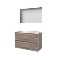 Basic-Line Basic 46 Badkamermeubelset - 100 x 46 cm - Greeploos - 2 Lades - Acryl Wastafel - Zonder Kraangat - Spiegel - Scotch Oak