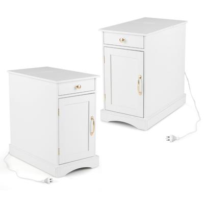 Nachtkastje met Oplaadstation Bijzettafel met Verstelbare Plank Houten Nachtkastje (Set van 2)-Wit
