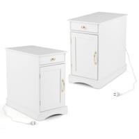 Nachtkastje met Oplaadstation Bijzettafel met Verstelbare Plank Houten Nachtkastje (Set van 2)-Wit