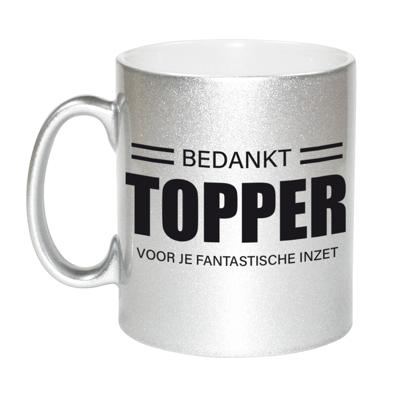 Collega cadeau koffiemok - beker - zilver - bedankt topper - afscheid pensioen