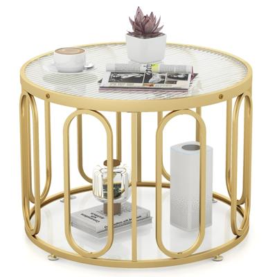 Φ60,5 cm Ronde Salontafel 2-Laags Bijzettafel met Gecanneleerd Blad van Veiligheidsglas en Ovale Draaibeugels Kan Het Uiterlijk Veranderen