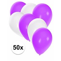 50x ballonnen - 27 cm - wit / paarse versiering - thumbnail