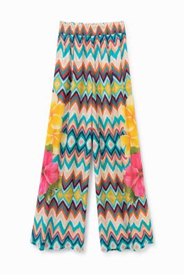 Broek met wijde pijpen en bloemen - BLUE - S