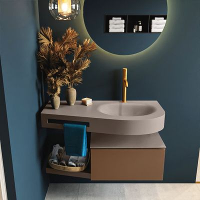 MONDIAZ RIVA 100cm badmeubel onderkast / planchet kleur Rust met 1 lade. Wastafel DULCET rechts 1 kraangat kleur Smoke.