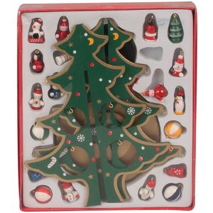 Klein decoratie kerstboompje - groen - met hangers - H28 cm - hout