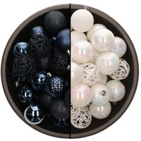 74x stuks kunststof kerstballen mix van donkerblauw en parelmoer wit 6 cm - Kerstbal - thumbnail