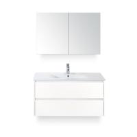 Dante Badmeubelset 100 cm - Wit Hoogglans - Keramische Wastafel Wit Enjoy - met Spiegelkast