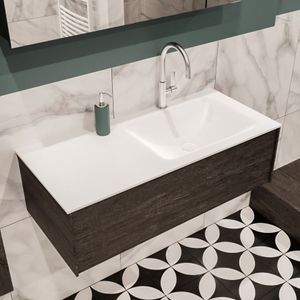 Mondiaz Lush Cloud badmeubel eiken donker bruin 100 cm 1 lade solid surface enkele spoelbak rechts 1 kraangat