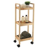 Keuken/badkamer trolley 3 laags - 29 x 21 x 79 cm - naturel - bamboe hout - met wielen