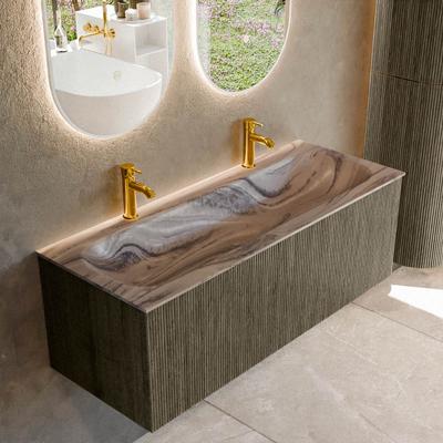 Badmeubel Mondiaz Kurve-Dlux | 120 cm | Meubelkleur Shadow | Wastafelkleur Sombra | Solid surface | Wasbak midden spoelbak | 2 kraangaten