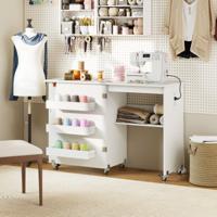 Opvouwbare Naaitafel met Oplaadstation Opvouwbare Knutselwagen met Rek en Lades Wit