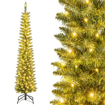180/210 cm Kunstkerstboom Voorverlichte Kerstboom 390/499 Takken 180/200 Warmwitte LED-Lampjes Potloodvormige Boom Groen