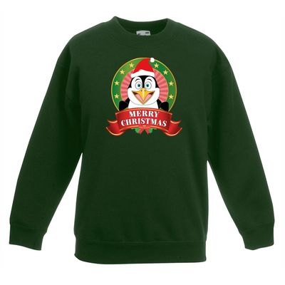Kersttrui met een pinguin groen jongens en meisjes