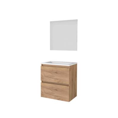 Basic-Line Ultimate 39 Badkamermeubelset - Ondiep - 60 x 39 cm - Greeploos - 2 Lades - Acryl Wastafel - 1 Kraangat - Spiegel met Indirecte LED Verlichting - Whisky Oak