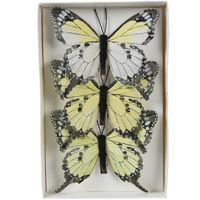 Decoris decoratie vlinders op clip - 3x - lichtgeel - 12 x 8 cm   -