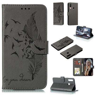 Voor Galaxy A20s Feather patroon Litchi textuur horizontale Flip lederen draagtas met houder & portemonnee & kaartsleuven (grijs)