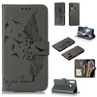 Voor Galaxy A20s Feather patroon Litchi textuur horizontale Flip lederen draagtas met houder & portemonnee & kaartsleuven (grijs)