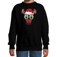 Kersttrui/sweater voor kinderen - Rudolf gezicht - rendier - zwart