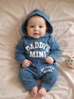 2pcs Set, Casual, Cute, Baby Boy Clothes, Infant Bodysuit, Baby Autumn/Winter Outfit, Soft & Comfortable, Letter Print Hoodie Top And Solid Letter Print Pants Set, Suitable For Daily, Vacation, Party, Outdoor Navy Blue / 3-6M