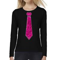 Verkleed shirt voor dames - stropdas pailletten roze - zwart - carnaval - foute party - longsleeve - thumbnail