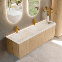 Mondiaz KURVE-DLUX 155 cm Onderkast Greeploos 2 Lades Met Deuren Oak, Wastafel Solid Surface Links Ostra 2 Kraangaten Zonder Spiegel (KRVLEA155R2L1D2KD-Oak/Ost)