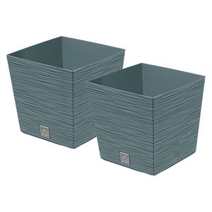 Plantenpot/bloempot Furu Stripes - 2x - voor buiten - kunststof - blauw - vierkant - D24 x H23.5 cm