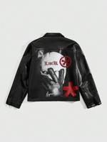 Bon&Bon Men's Graphic Print PU Leather Casual Jacket | Black Streetwear Black / S