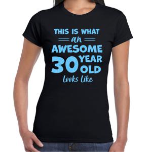 Verkleed T-shirt voor dames - leeftijd 30 jaar - awesome - zwart - glitter blauw - Verjaardagsfeest