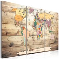 Schilderij - Wereldkaart , Kaart van Dromen , Houtlook , 3 luik , 90x60cm - thumbnail