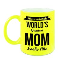 Worlds Greatest Mom cadeau koffiemok / theebeker neon geel 330 ml - thumbnail