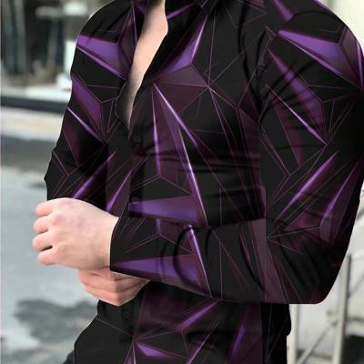 Bon&Bon LEGND Men's Geometric Graphic Long Sleeve Collar Shirt - Black Multicolor-2 / L