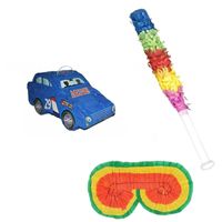 Verjaardag Pinata blauwe auto van 50 cm set met stok en masker - thumbnail