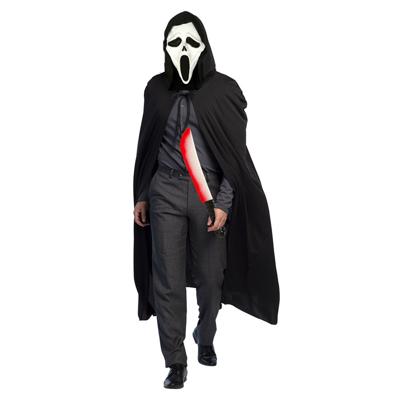 Carnaval Halloween verkleedkleding set - Scream masker - Cape met capuchon zwart - Groot mes