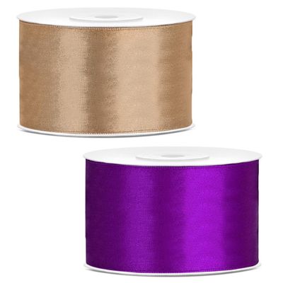 Sierlinten/cadeaulinten/satijnen linten - Set 2x stuks - goud en paars - 38 mm x 25 meter