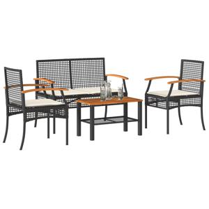 4-delige Loungeset met kussens poly rattan zwart