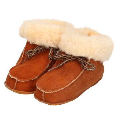 Bruine baby/peuter pantoffels/sloffen van lamsleer met wol