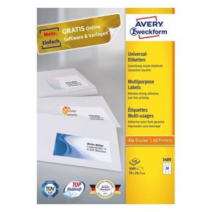 Avery-Zweckform 3489 Universele etiketten 70 x 29.7 mm Papier Wit 3000 stuk(s) Permanent hechtend Laser (kleur), Laser (zwart/wit)